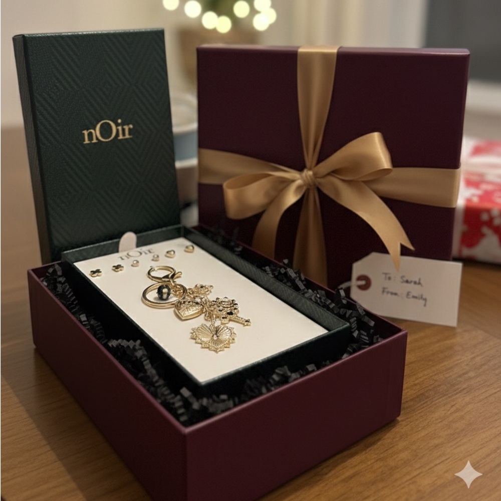 nOir Jewelry Gold Tone Charm Keychain & Stud Earring Set Boxed Gift NWT - Picture 6 of 6
